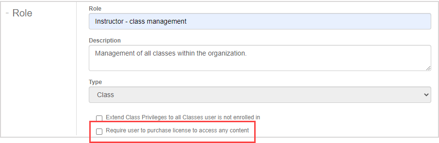 On the Edit Roles page to the right of the Role heading, Require user to purchase license to access any content is under Type field.